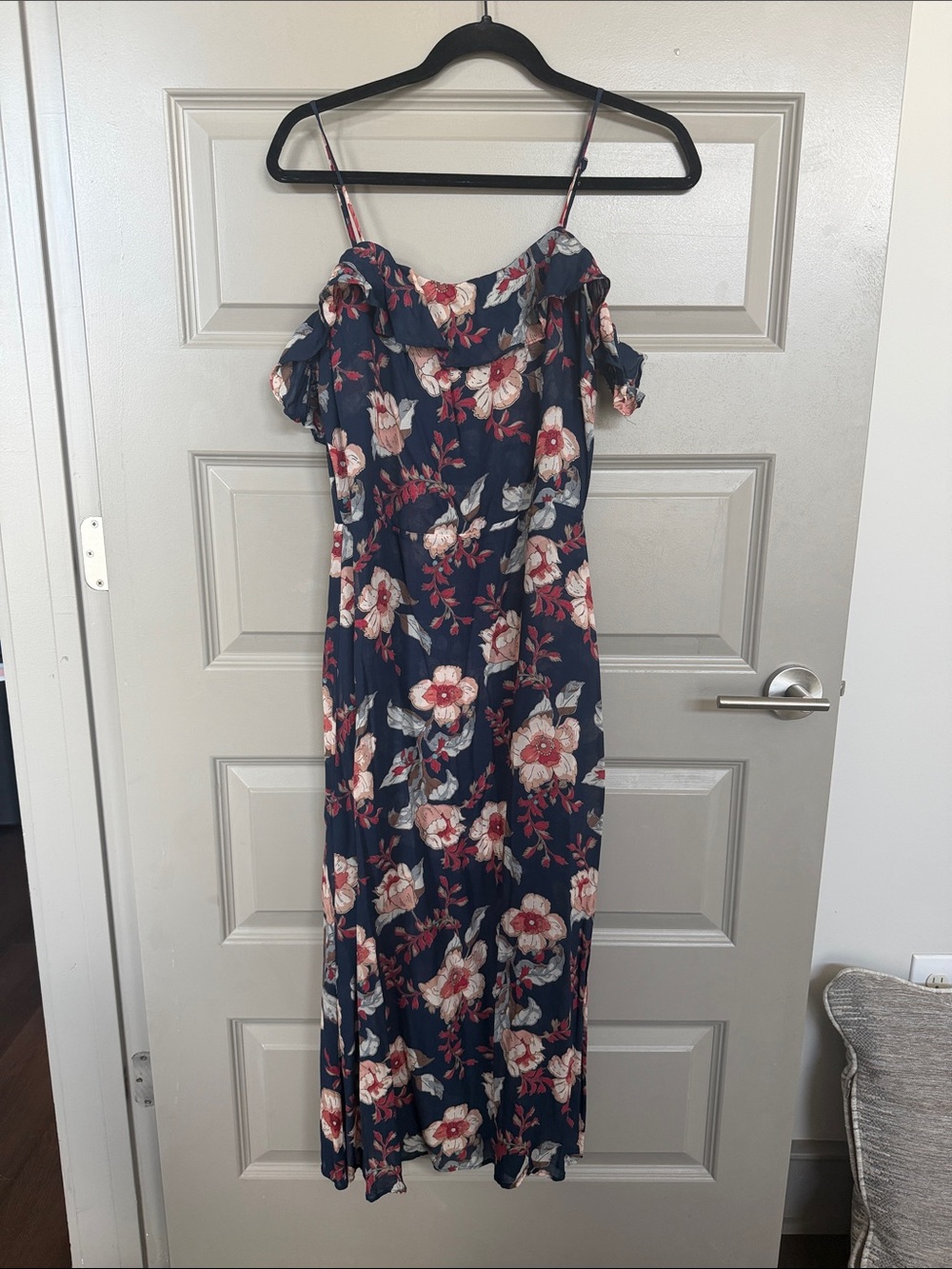 Reformation Navy Floral Ruffle Off-Shoulder Maxi Dress
